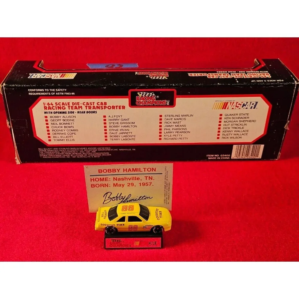 BOBBY HAMILTON NASCAR TRANSPORTER BUNDLE w/MATCHING STOCKCAR & PLAYER CARD Yello